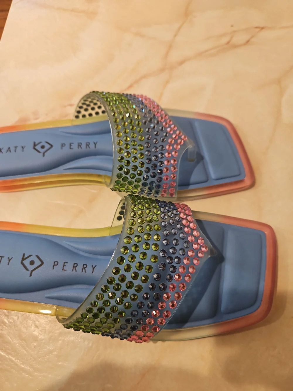NEW IN BOX! Katy Perry Collections Blue Slide Sandals with Multicolor Crystal - Picture 2 of 2